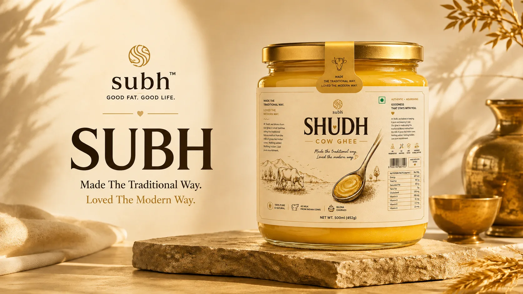 Subh Ghee — Packaging Design packaging & visual design mockup 1 by Raghav Chopra